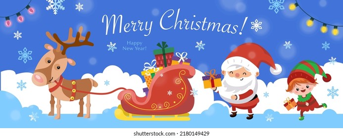 Christmas banner, postcard with Santa Claus, deer and elf.Cartoon style characters on background. Vector hand drawn illustration.