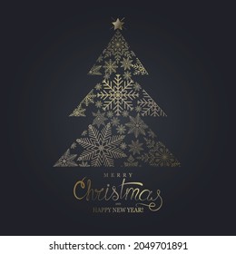 Christmas banner, poster. Abstract golden Christmas tree made of snowflakes on a black background. Congratulations text.