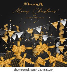 Christmas banner or poster background. Xmas celebration black luxury design. Winter holiday concept swith confetti and bunting flags. Realistic vector illustration.