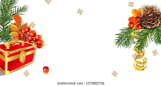 Christmas banner, poster or greeting card. Composition of Christmas tree branches with pine cones, red Rowan berries and gift box on white background with copy space.