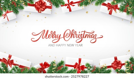 Christmas banner with presents and fir-tree branches. Merry Christmas calligraphy. Holiday decoration with gift boxes on white background. For New year banners, gift certificates, social media.