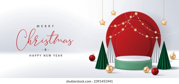 Christmas banner for product demonstration. Green pedestal or podium with baubles and Christmas trees on white background.