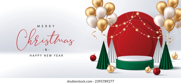 Christmas banner for product demonstration. Green pedestal or podium with balloons, baubles and Christmas trees on white background.