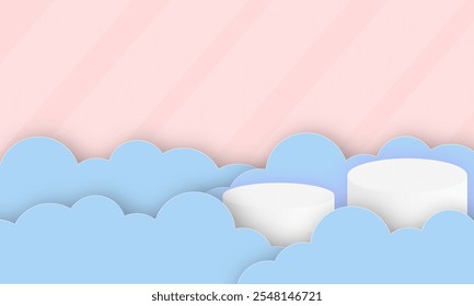 Christmas banner for product demonstration. Green pedestal or podium Christmas paper cut clouds Vector illustration paper cut greeting card 3d paper art and digital craft style.