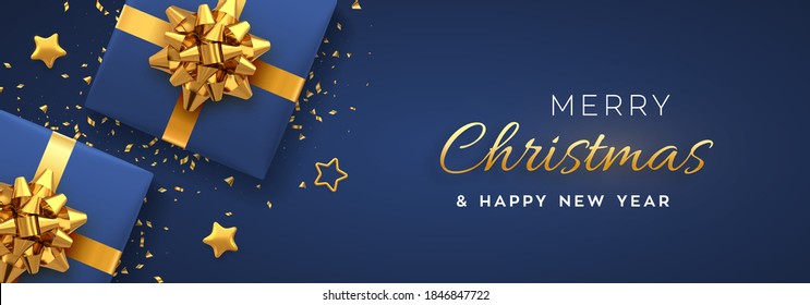 Christmas Banner. Realistic Blue Gift Boxes With Golden Bow, Gold Stars And Glitter Confetti. Xmas Background, Horizontal Christmas Poster, Greeting Cards, Headers Website. Vector Illustration.