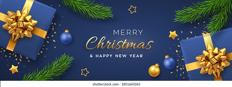 Christmas banner. Realistic blue gift boxes with golden bow, gold stars, balls and pine branches. Xmas background, horizontal christmas poster, greeting cards, headers website. Vector illustration.