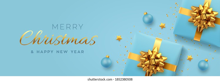 Christmas banner. Realistic blue gift boxes with golden bow, gold stars, balls and glitter confetti. Xmas background, horizontal christmas poster, greeting cards, headers website. Vector illustration.