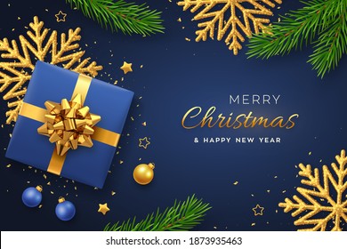 Christmas banner. Realistic blue gift box with golden bow, shining snowflake, gold stars, pine branches, confetti, balls. Xmas background, horizontal poster, greeting cards, headers website. Vector.