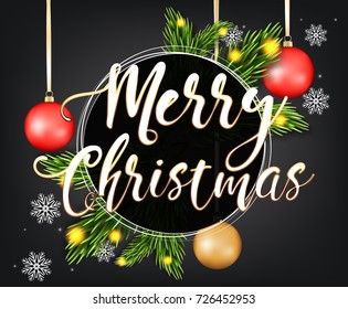 Christmas banner with Realistic fir branches and an inscription with decoration. Vector illustration