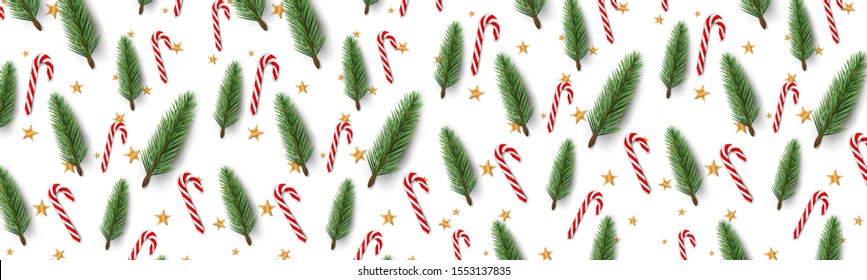 Christmas banner with realistic fir tree branches, red and white cane candy and golden stars. Horizontal Xmas header for a website or newsletter. Vector illustration.
