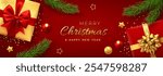 Christmas banner. Realistic gift boxes with red and golden bows, stars, balls, pine branches. Xmas background, horizontal christmas poster, greeting cards, headers website. Vector illustration.