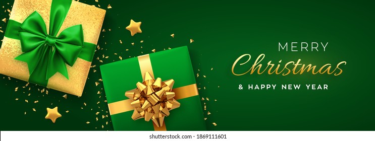 Christmas banner. Realistic gift boxes with green and golden bow, gold stars and glitter confetti. Xmas background, horizontal christmas poster, greeting cards, headers website. Vector illustration.