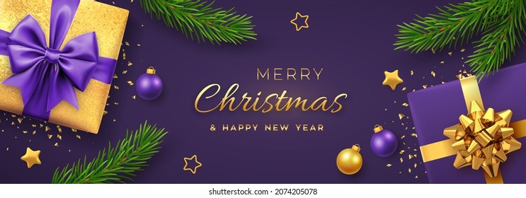 Christmas banner. Realistic gift boxes with purple and golden bows, stars, balls, pine branches. Xmas background, horizontal christmas poster, greeting cards, headers website. Vector illustration.