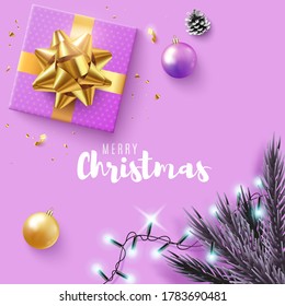 Christmas banner. With realistic gifts box, glitter gold confetti. Horizontal christmas poster, greeting cards, headers, website. Vector illustration