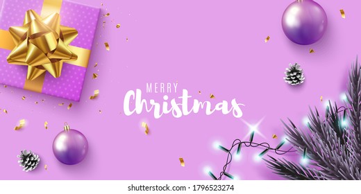 Christmas banner. With realistic gifts box, glitter gold confetti. Horizontal christmas poster, greeting cards, headers, website. Vector illustration