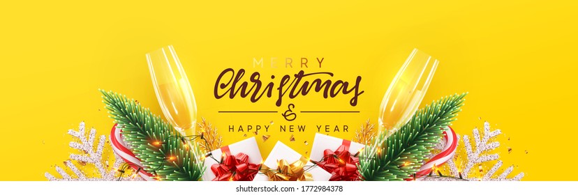 Christmas banner. Realistic Glasses champagne with gifts box, pine green, bright snowflakes, Xmas lights garland. Horizontal poster, greeting card, headers website. Objects viewed from above. Top view