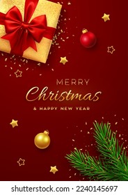 Christmas banner. Realistic gold gift box with red bow, pine branches, golden stars and glitter confetti, balls bauble. Xmas background, cover, poster, greeting cards, headers website. Vector.