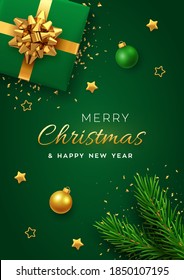 Christmas banner. Realistic green gift box with golden bow, pine branches, gold stars and glitter confetti, balls bauble. Xmas background, cover, poster, greeting cards, headers website. Vector.