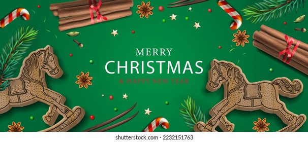 Christmas banner with realistic objects, rocking horses, candy, red cane, anise and cinnamon. Design for New Year party, greeting card, headers, website, vector illustration