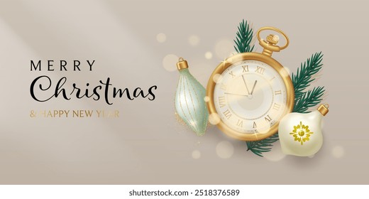 Christmas banner with a realistic old vintage clock, glass balls, and fir twigs. Vector illustration in 3D style