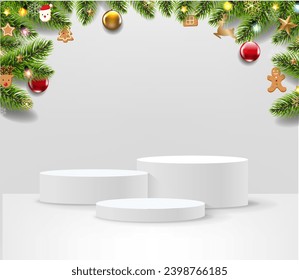 Christmas Banner Realistic Podium And White Background With Gradient Mesh, Vector Illustration