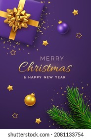 Christmas banner. Realistic purple gift box with golden bow, pine branches, gold stars and glitter confetti, balls bauble. Xmas background, cover, poster, greeting cards, headers website. Vector.