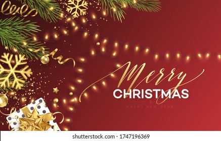 Christmas banner. Realistic Sparkling garland lights with gold snowflakes and golden tinsel on a background with Christmas tree sprigs. Vector illustration EPS10