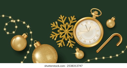 Christmas banner with a realistic vintage pocket watch and golden glass balls. 3D Minimalist Style Vector illustration