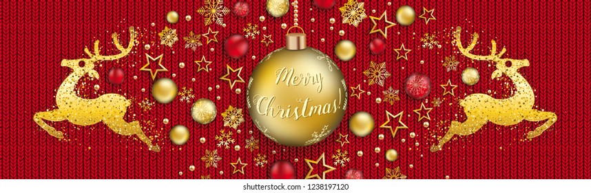 Christmas banner with red and golden baubles, reindeers and stars on the red knit texture. Eps 10 vector file.