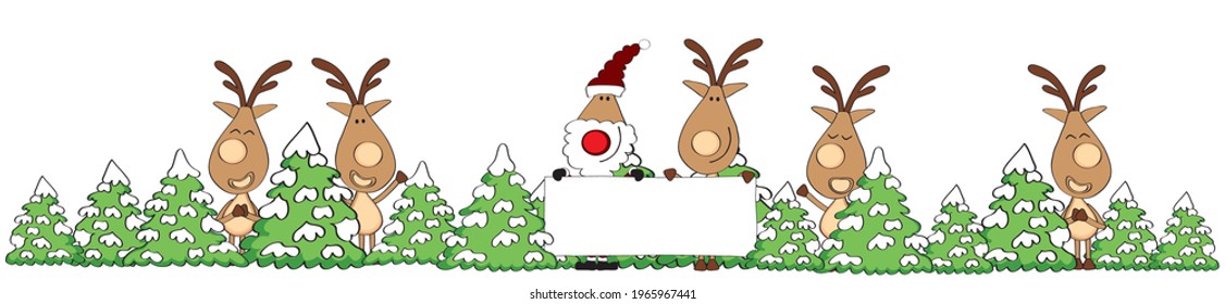 christmas banner with reindeers and santa in a snowscape with christmas trees, santa and rudolph  keep up and empty plate