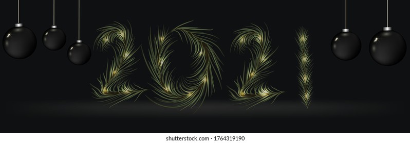 
Christmas banner in retro style. Christmas tree branches on the background. New Year 2021. Instead of numbers a branch. Vector