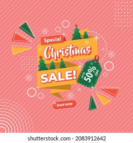 Christmas banner sale design for social media. 50% discount and chistmas ornaments