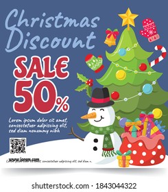 christmas banner sale snowman and christmas tree illustrator vector design