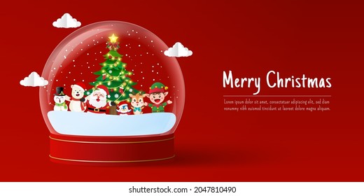 Christmas banner of Santa Claus and friend in snow globe