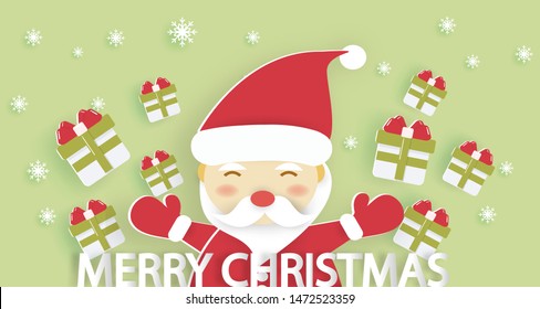 Christmas banner and Santa Claus. Santa Claus with gift boxes .paper art and craft style. 