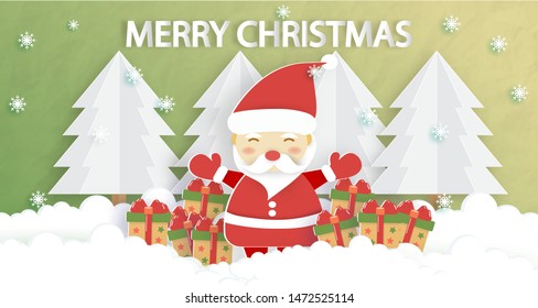 Christmas banner and Santa Claus. Santa Claus with gift boxes and tree .paper art and craft style. 