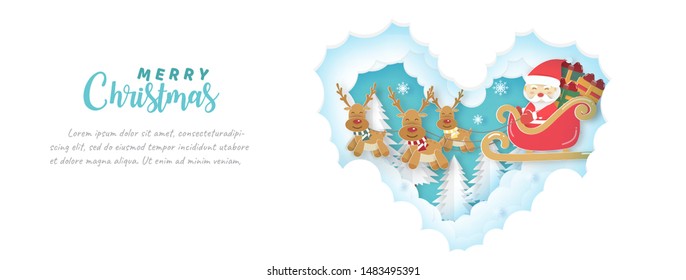 Christmas banner and Santa Claus. Santa Claus with gift boxes  and reindeer for Christmas card and poster in paper cut style. Vector illustration
