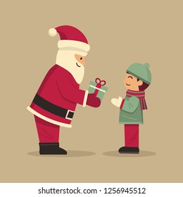 Christmas banner, Santa Claus giving a present to a boy. Vector Illustration
