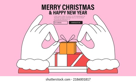 Christmas banner with Santa Claus hands packing presents. Seasonal sale or online delivery gifts concept for website, landing page or social media greeting campaign. Secret santa poster, card.