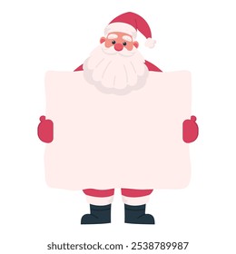 Christmas banner Santa Claus holding a sheet of paper. Hand drawn vector illustration