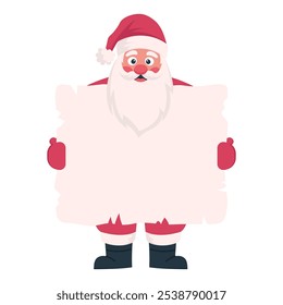 Christmas banner Santa Claus holding a sheet of paper. Hand drawn vector illustration