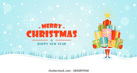 Christmas banner. Santa Claus holds gift boxes in his hands. Christmas tree made of gifts. Сartoon style. Vector illustration