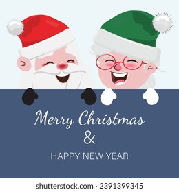 Christmas banner with Santa Claus and Mrs. Claus in flat cartoon style
