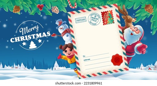 christmas banner with santa claus reindeer snowman with post card and little girl