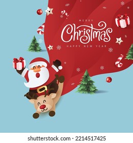 Christmas banner with Santa Claus riding reindeer 