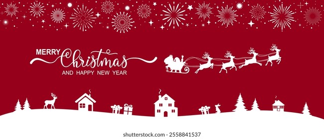 Christmas banner Santa Claus in a sleigh with reindeer, houses, gifts, fireworks, forest