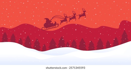 Christmas banner Santa Claus in a sleigh with reindeer. Winter background. Winter Christmas landscape with snow and snowflakes. Vector illustration