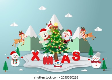 Christmas banner of Santa Claus and snowman at the snow mountain, Paper cut illustration