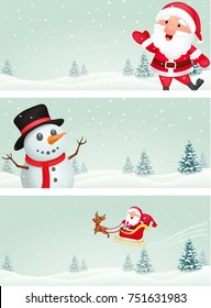 Christmas banner with santa claus and snowman on winter landscape 