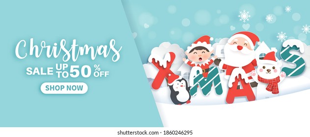 Cartel de Navidad con Santa Cláusula y elementos de Navidad   en el pueblo de la nieve, corte de papel y estilo artesanal. 